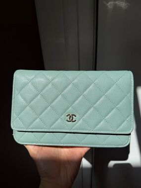 CHANEL Quilted Wallet on Chain in Mint Green Caviar Leather